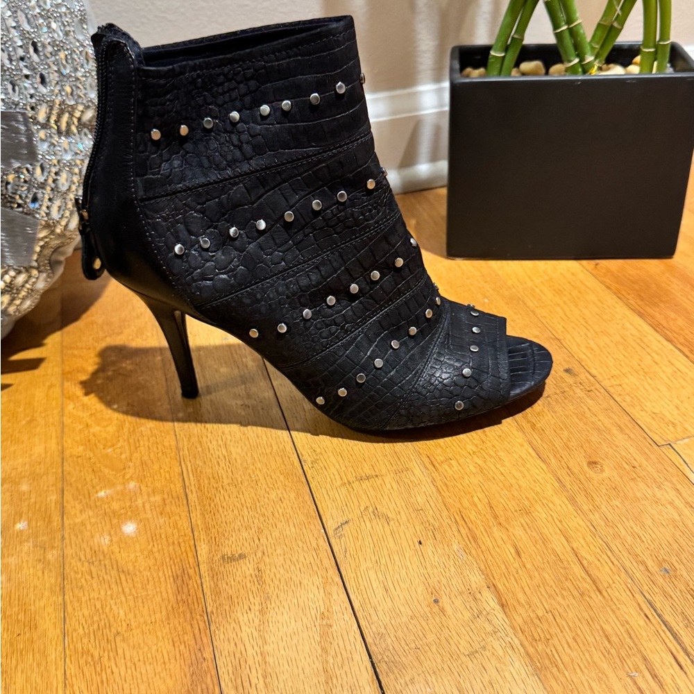 Black Studded Heeled Peep Toe Boots - Picture 2 of 4